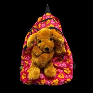 Pet Sac Plush Dog Backpack Kids Pink Yellow Floral Nylon Converts Stuffed Animal